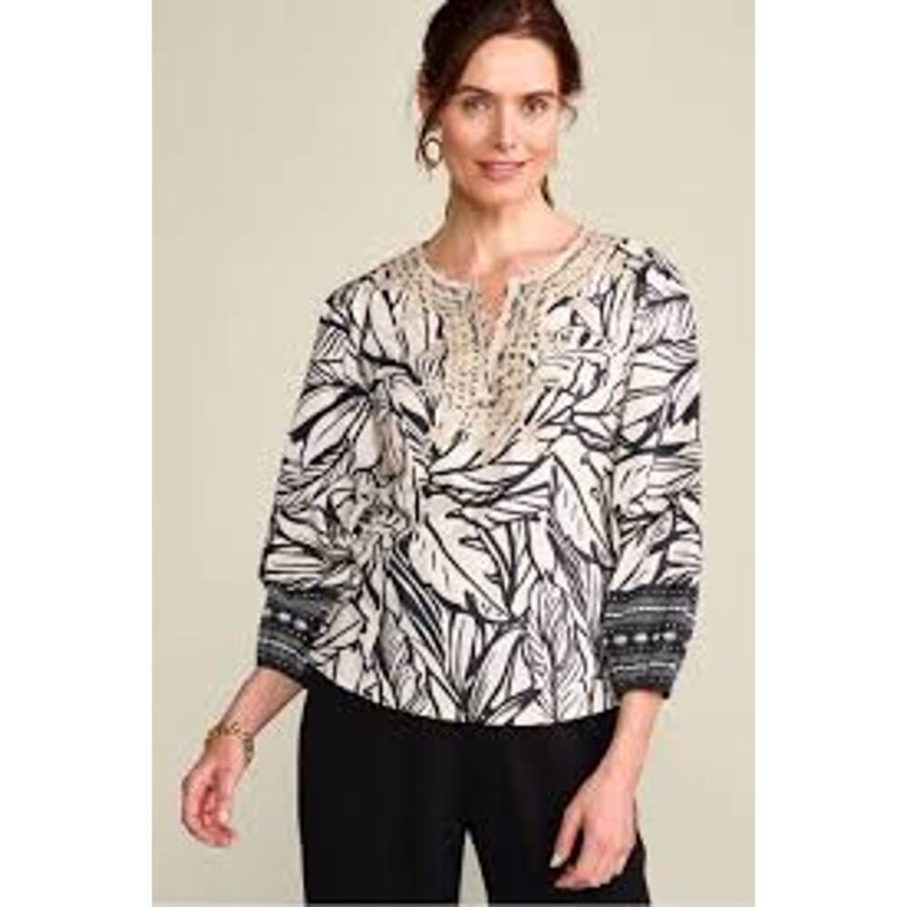 Soft Surroundings Bellamy Top Black Tan embroidered split‎ neckline Large NWT